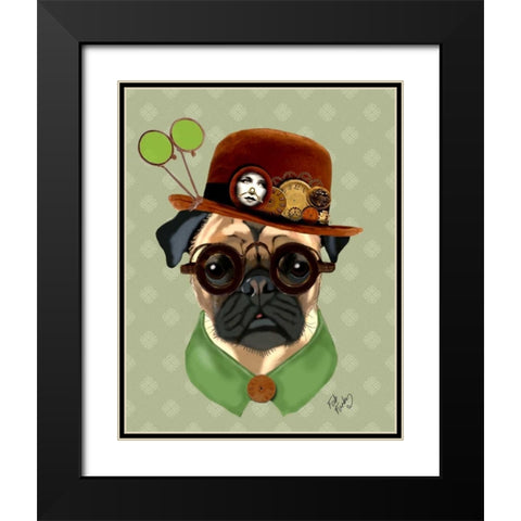 Pug With Steampunk Bowler Hat Black Modern Wood Framed Art Print with Double Matting by Fab Funky