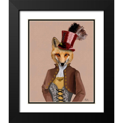 Vivienne Steampunk Fox Black Modern Wood Framed Art Print with Double Matting by Fab Funky