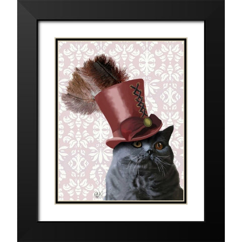 Grey Cat With Steampunk Top Hat Black Modern Wood Framed Art Print with Double Matting by Fab Funky