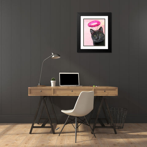 Black Cat With Pink Angel Halo Black Modern Wood Framed Art Print with Double Matting by Fab Funky