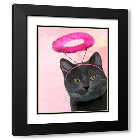 Black Cat With Pink Angel Halo Black Modern Wood Framed Art Print with Double Matting by Fab Funky