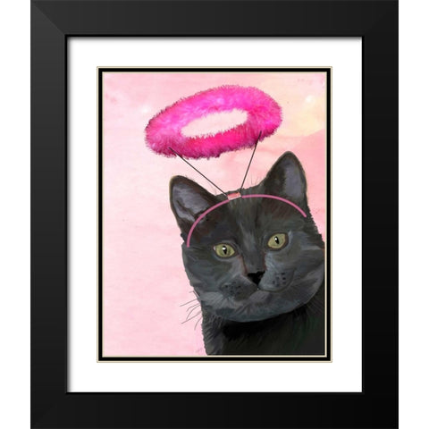 Black Cat With Pink Angel Halo Black Modern Wood Framed Art Print with Double Matting by Fab Funky