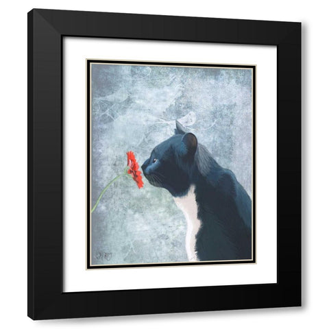 Black Cat Sniffing Flower Black Modern Wood Framed Art Print with Double Matting by Fab Funky
