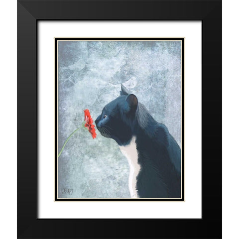 Black Cat Sniffing Flower Black Modern Wood Framed Art Print with Double Matting by Fab Funky