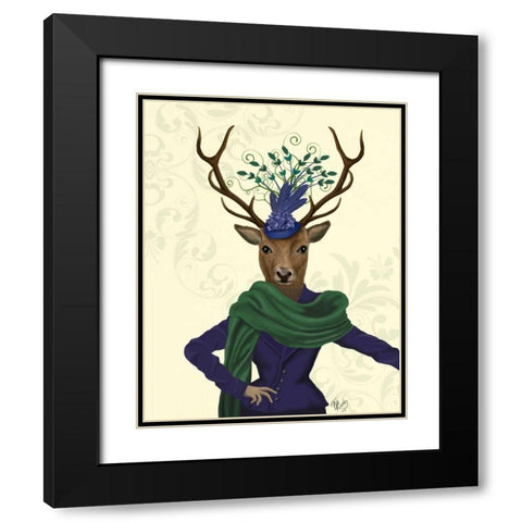 Deer and Fascinator Black Modern Wood Framed Art Print with Double Matting by Fab Funky