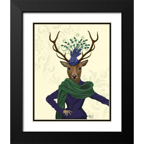 Deer and Fascinator Black Modern Wood Framed Art Print with Double Matting by Fab Funky