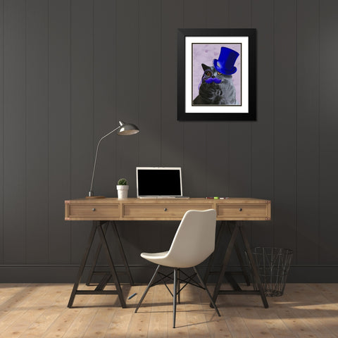 Grey Cat With Blue Top Hat and Moustache Black Modern Wood Framed Art Print with Double Matting by Fab Funky