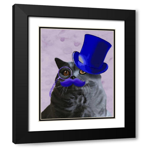 Grey Cat With Blue Top Hat and Moustache Black Modern Wood Framed Art Print with Double Matting by Fab Funky