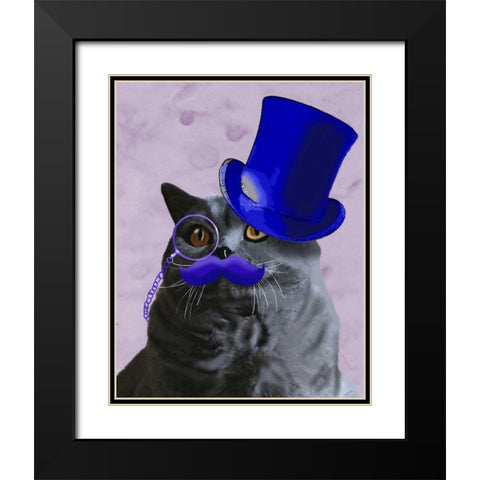 Grey Cat With Blue Top Hat and Moustache Black Modern Wood Framed Art Print with Double Matting by Fab Funky