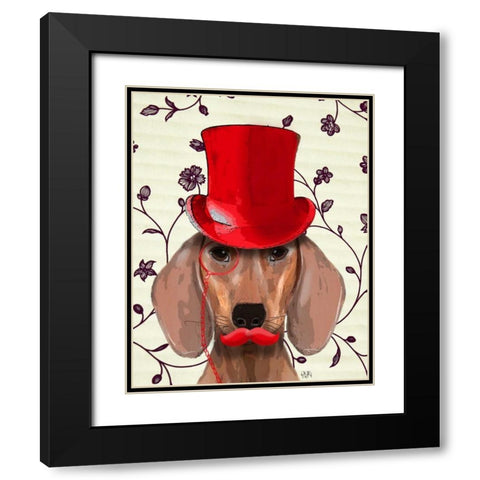 Dachshund With Red Top Hat Black Modern Wood Framed Art Print with Double Matting by Fab Funky