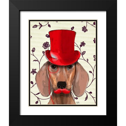 Dachshund With Red Top Hat Black Modern Wood Framed Art Print with Double Matting by Fab Funky