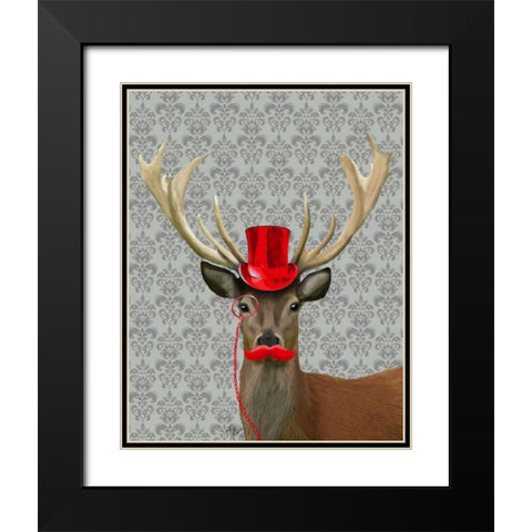 Deer With Red Hat and Moustache Black Modern Wood Framed Art Print with Double Matting by Fab Funky
