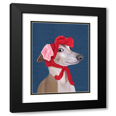 Greyhound with Red Woolly Hat Black Modern Wood Framed Art Print with Double Matting by Fab Funky