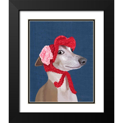 Greyhound with Red Woolly Hat Black Modern Wood Framed Art Print with Double Matting by Fab Funky