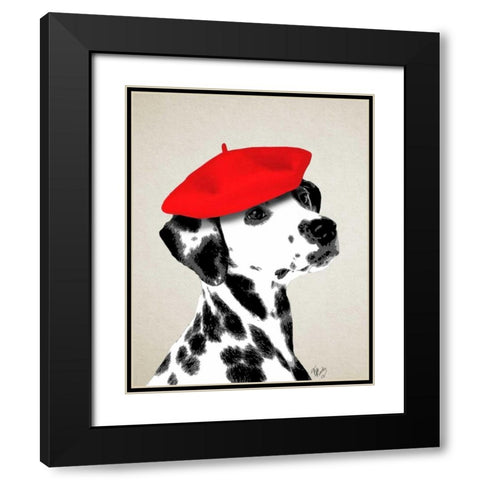 Dalmatian With Red Beret Black Modern Wood Framed Art Print with Double Matting by Fab Funky