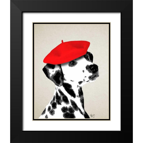 Dalmatian With Red Beret Black Modern Wood Framed Art Print with Double Matting by Fab Funky