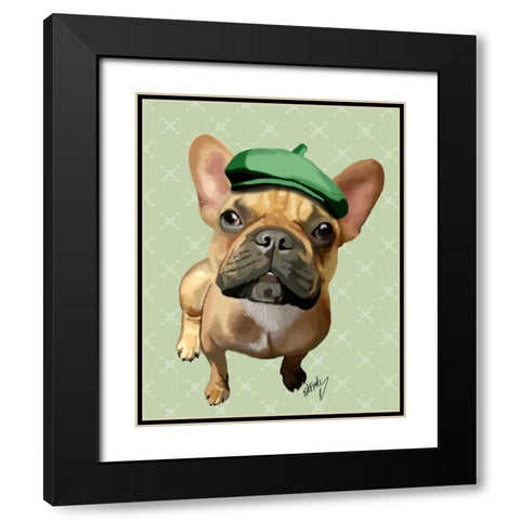 Brown French Bulldog with Green Hat Black Modern Wood Framed Art Print with Double Matting by Fab Funky