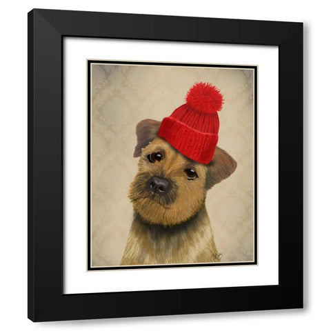 Border Terrier with Red Bobble Hat Black Modern Wood Framed Art Print with Double Matting by Fab Funky