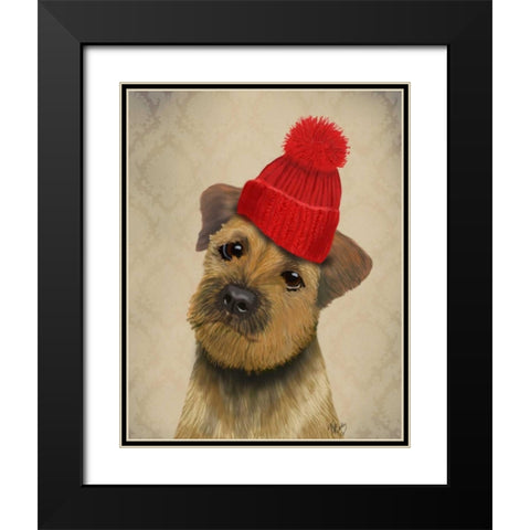 Border Terrier with Red Bobble Hat Black Modern Wood Framed Art Print with Double Matting by Fab Funky