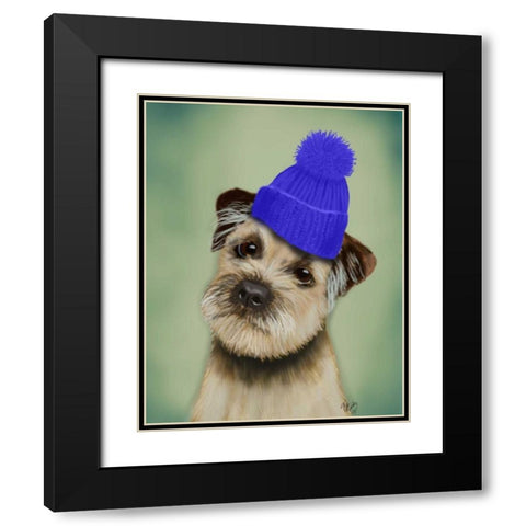 Border Terrier with Blue Bobble Hat Black Modern Wood Framed Art Print with Double Matting by Fab Funky