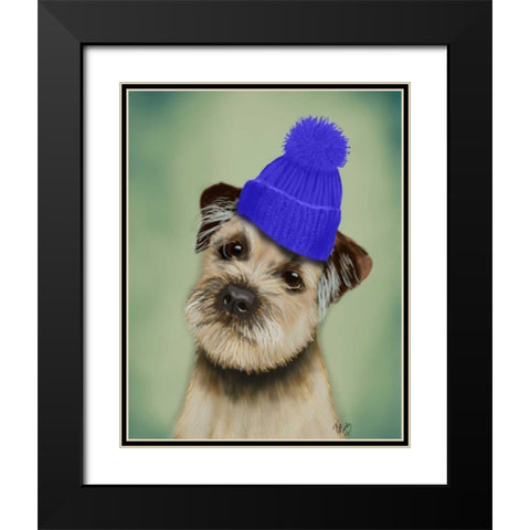Border Terrier with Blue Bobble Hat Black Modern Wood Framed Art Print with Double Matting by Fab Funky