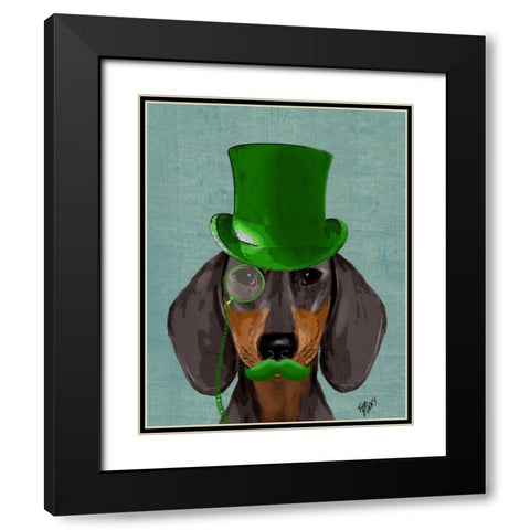 Dachshund with Green Top Hat Black Tan Black Modern Wood Framed Art Print with Double Matting by Fab Funky