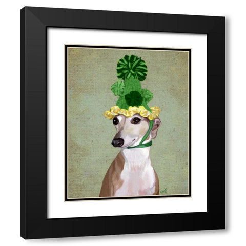 Greyhound in Green Knitted Hat Black Modern Wood Framed Art Print with Double Matting by Fab Funky