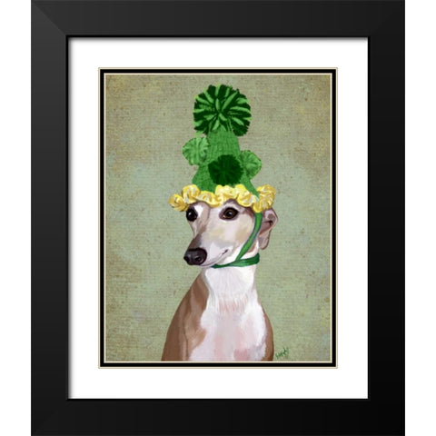 Greyhound in Green Knitted Hat Black Modern Wood Framed Art Print with Double Matting by Fab Funky