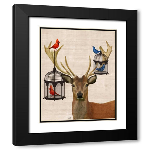 Deer And Bird Cages Black Modern Wood Framed Art Print with Double Matting by Fab Funky