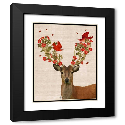 Deer and Love Birds Black Modern Wood Framed Art Print with Double Matting by Fab Funky