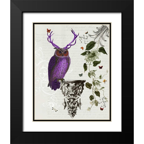 Purple Owl With Antlers Black Modern Wood Framed Art Print with Double Matting by Fab Funky
