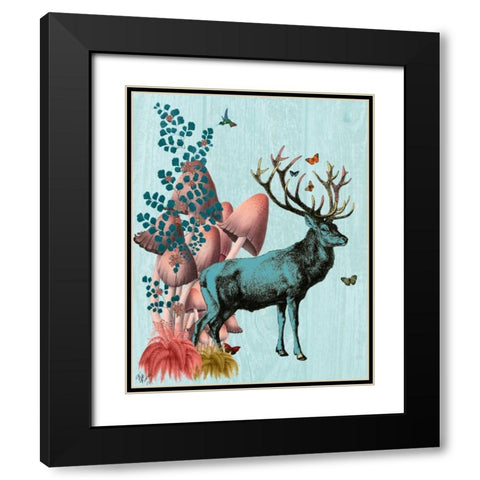 Turquoise Deer in Mushroom Forest Black Modern Wood Framed Art Print with Double Matting by Fab Funky
