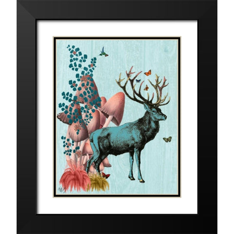 Turquoise Deer in Mushroom Forest Black Modern Wood Framed Art Print with Double Matting by Fab Funky