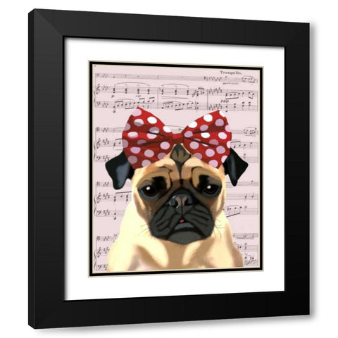 Pug with Red Spotty Bow On Head Black Modern Wood Framed Art Print with Double Matting by Fab Funky
