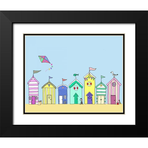 Beach Huts In a Row Black Modern Wood Framed Art Print with Double Matting by Fab Funky