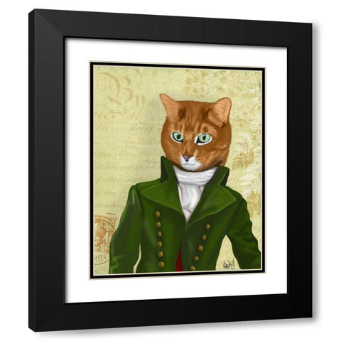 Ginger Cat in Green Coat Black Modern Wood Framed Art Print with Double Matting by Fab Funky