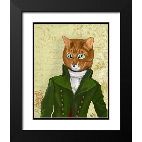 Ginger Cat in Green Coat Black Modern Wood Framed Art Print with Double Matting by Fab Funky