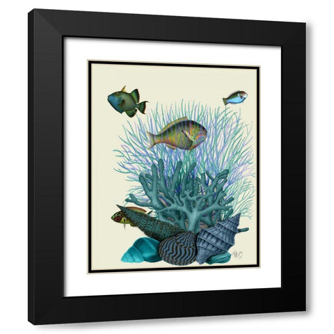 Fish Blue Shells and Corals Black Modern Wood Framed Art Print with Double Matting by Fab Funky
