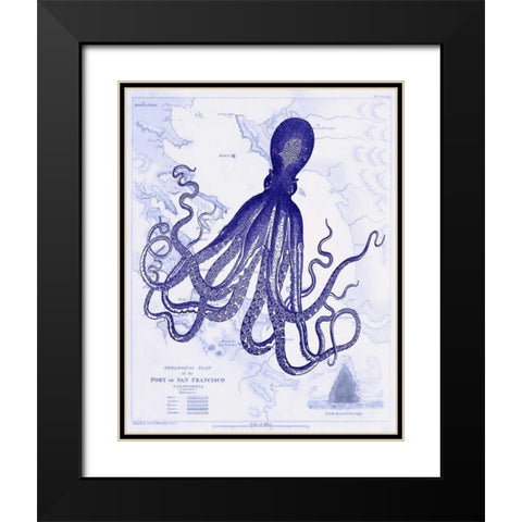 Blue Octopus 1 on Nautical Map Black Modern Wood Framed Art Print with Double Matting by Fab Funky