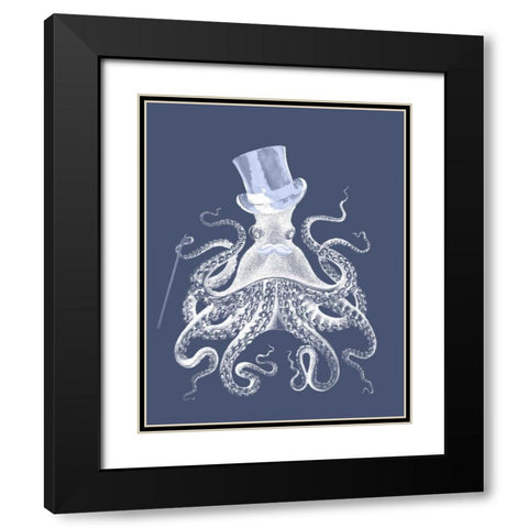 White Octopus on Indigo Blue b Black Modern Wood Framed Art Print with Double Matting by Fab Funky