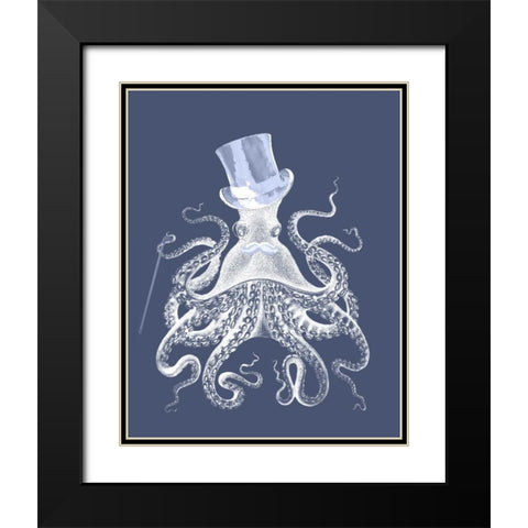 White Octopus on Indigo Blue b Black Modern Wood Framed Art Print with Double Matting by Fab Funky