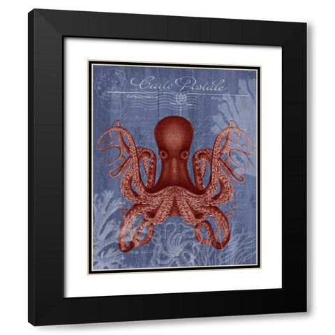 Seaside Postcard Red on Blue c Black Modern Wood Framed Art Print with Double Matting by Fab Funky