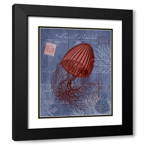 Seaside Postcard Red on Blue e Black Modern Wood Framed Art Print with Double Matting by Fab Funky