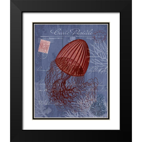 Seaside Postcard Red on Blue e Black Modern Wood Framed Art Print with Double Matting by Fab Funky