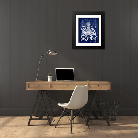 Octopus Prohibition Octopus On Blue Black Modern Wood Framed Art Print with Double Matting by Fab Funky