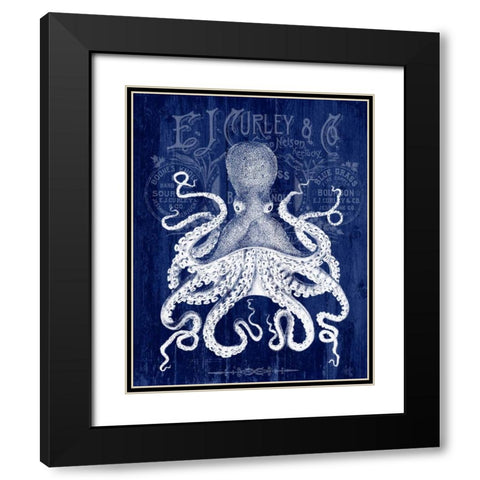 Octopus Prohibition Octopus On Blue Black Modern Wood Framed Art Print with Double Matting by Fab Funky