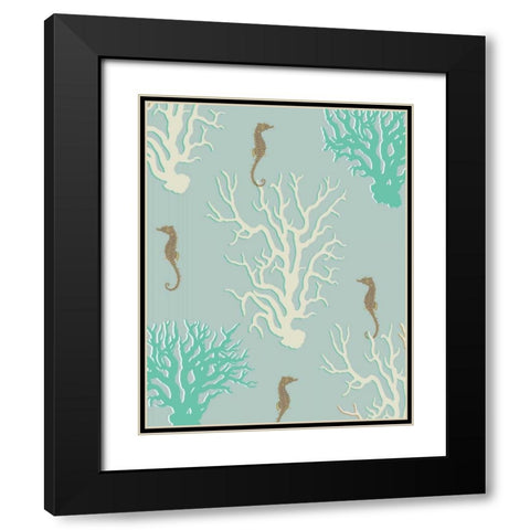 Coral and Seahorse in Seafoam Black Modern Wood Framed Art Print with Double Matting by Fab Funky