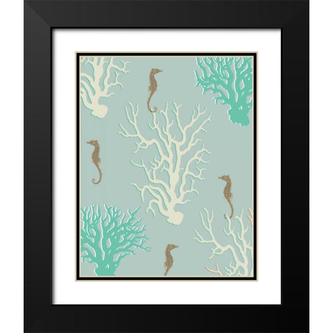 Coral and Seahorse in Seafoam Black Modern Wood Framed Art Print with Double Matting by Fab Funky