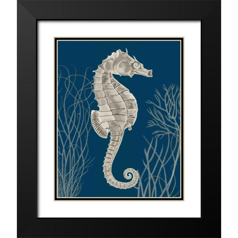 Silver Grey Seahorses on Blue a Black Modern Wood Framed Art Print with Double Matting by Fab Funky