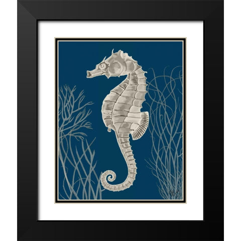 Silver Grey Seahorses on Blueb Black Modern Wood Framed Art Print with Double Matting by Fab Funky